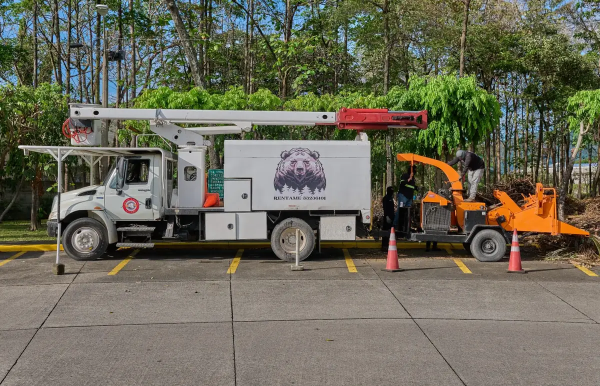 Camión canasta con el logo del oso junto a una chipeadora industrial naranja y la cuadrilla trabajando